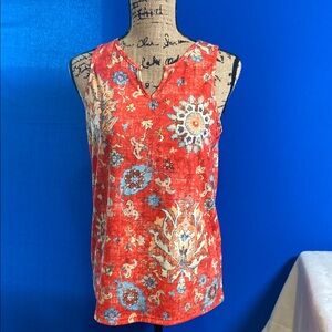 Beautiful & Soft Abstract Red Sleeveless Top w/ Notched Collar SZ Med Like New!